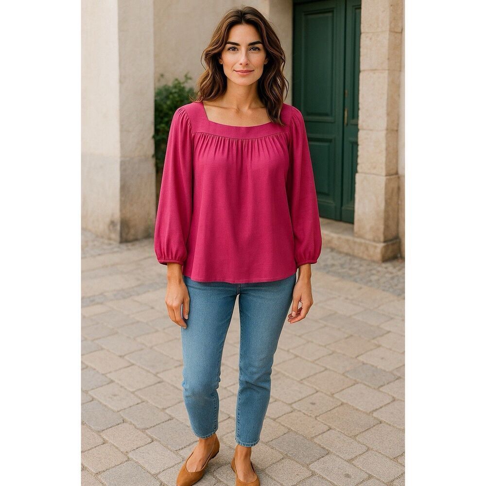 Andre By Unit Square Neck Pink Bow Tie Back Bubble Sleeve Top 1 X Excellent Cond